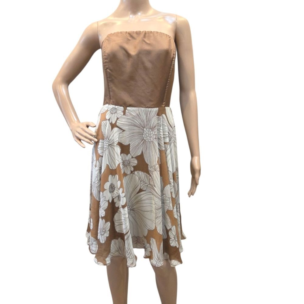 Vintage Spiegel Silk Tan/ Cream Floral Strapless Women's Dress Flounce Midi 4 - Picture 3 of 12